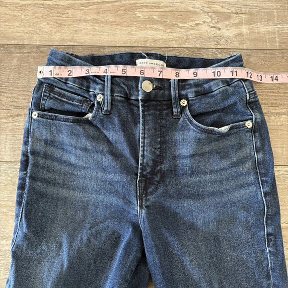 Good American Good Legs Ankle Jeans 2/26 Blue Dark Wash Raw Hem Stretch Denim - Picture 5 of 10